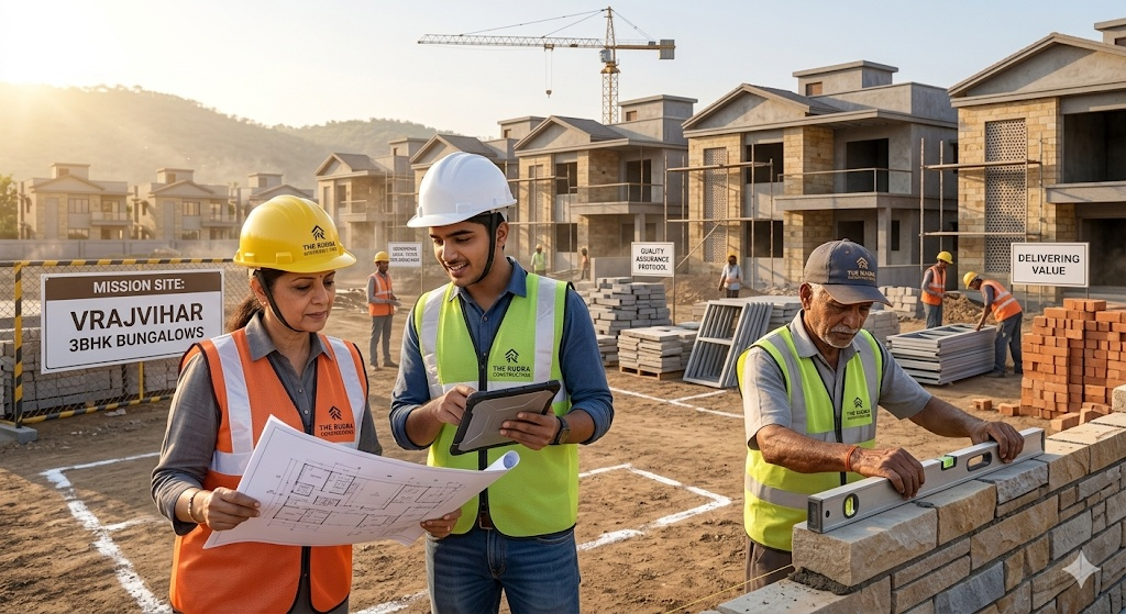 http://Professional%20construction%20site%20of%20Vrajvihar%203BHK%20bungalows%20in%20Lunawada,%20showing%20dedicated%20engineers%20and%20architects%20from%20The%20Rudra%20Enterprise%20reviewing%20building%20blueprints.%20Highlighting%20our%20mission%20of%20delivering%20top-quality%20construction,%20100%%20clear%20title%20properties,%20and%20disciplined%20real%20estate%20development%20with%20local%20employment%20and%20strong%20building%20materials%20on%20Santrampur%20Road.