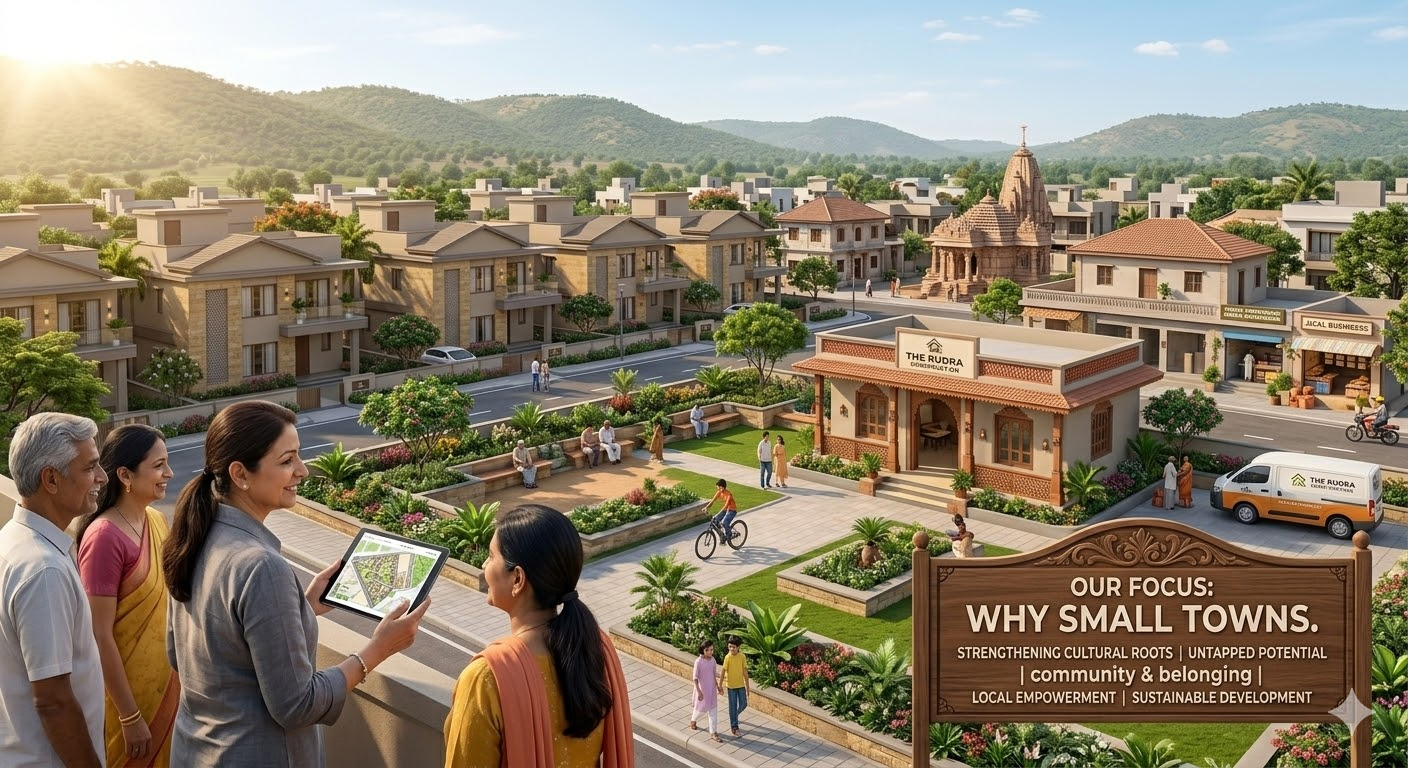 http://Aerial%20view%20of%20the%20Vrajvihar%203BHK%20bungalow%20society%20in%20Lunawada,%20showcasing%20a%20perfectly%20planned%20premium%20residential%20community%20by%20The%20Rudra%20Enterprise.%20The%20image%20features%20modern%20Indian%20architecture,%20a%20beautiful%20local%20temple,%20landscaped%20gardens,%20a%20community%20clubhouse,%20and%20a%20happy%20family%20looking%20over%20their%20secure,%20tension-free%20neighborhood%20on%20Santrampur%20Road,%20representing%20the%20ultimate%20real%20estate%20investment%20in%20developing%20towns.
