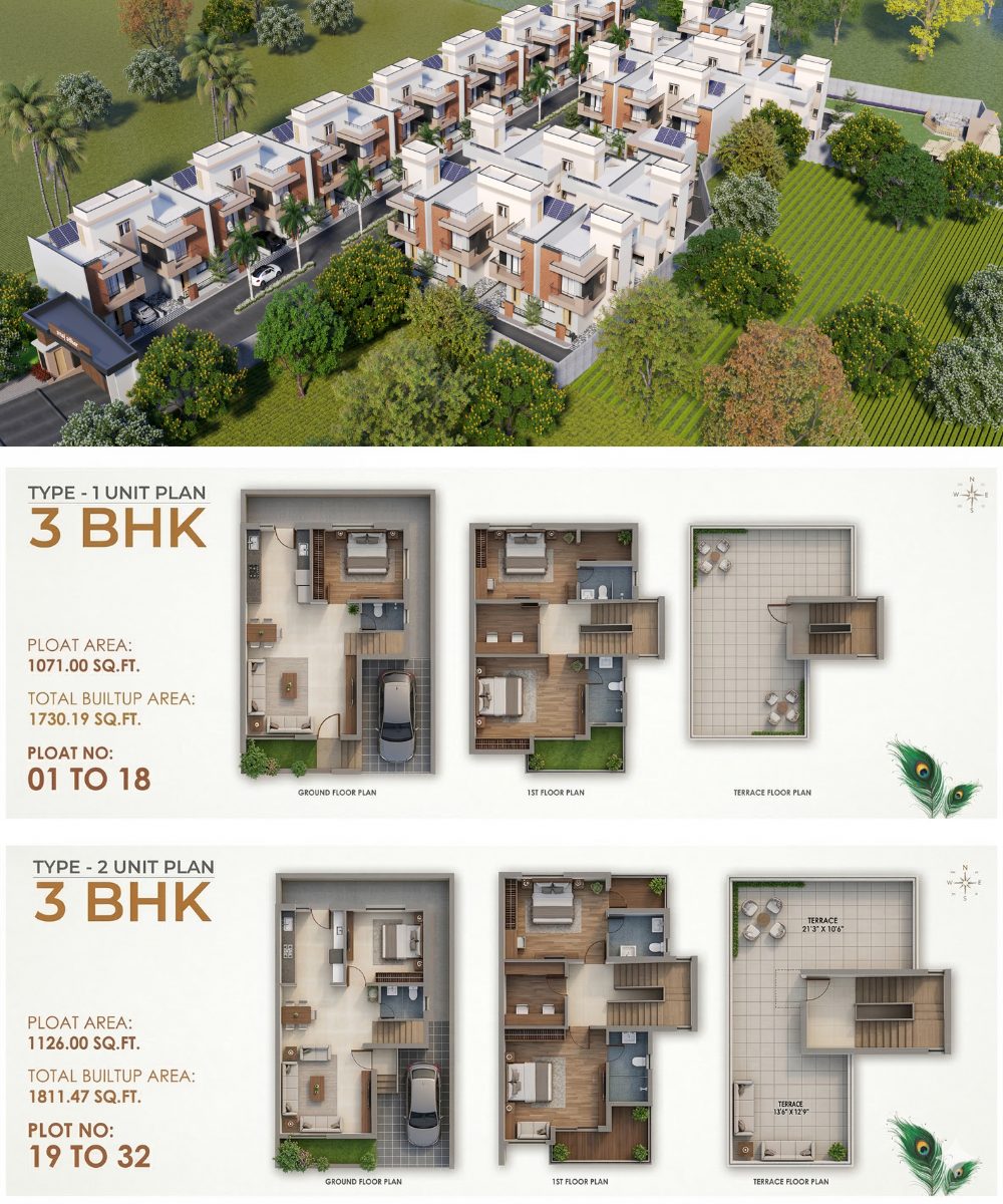Vraj Vihar residential society featuring 31 premium 3BHK bungalows, alongside detailed floor plan layouts for two distinct bungalow home designs